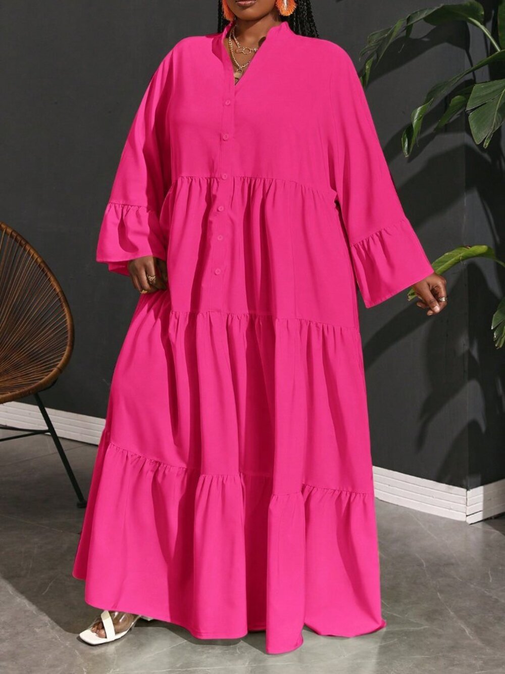 Hot Pink Cute Women's Plus Size Vacation Casual Loose Woven A-Line Shirt Dress - Picture 4 of 8